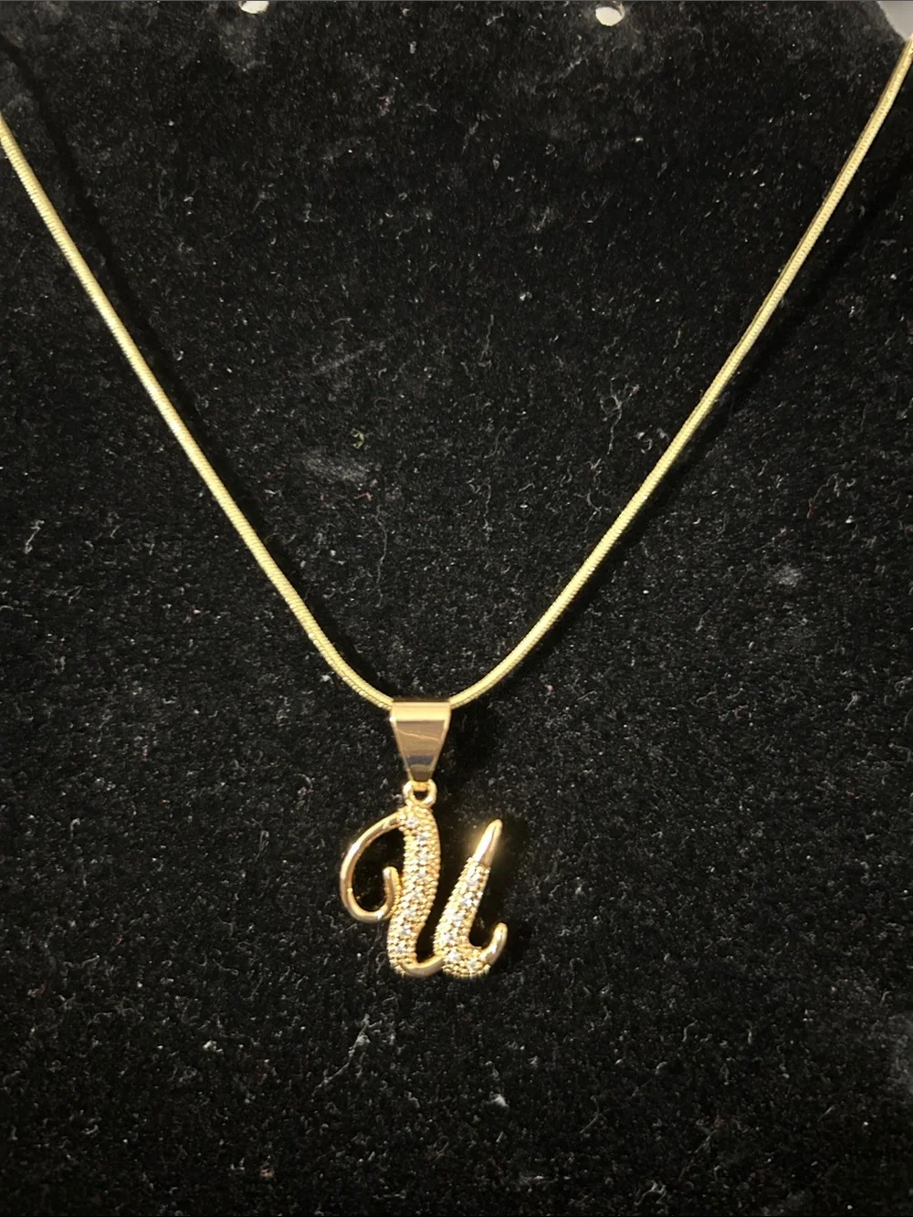 Fashion Jewelry Gold 'U' Initial Pendant Necklace with Pavé Accent